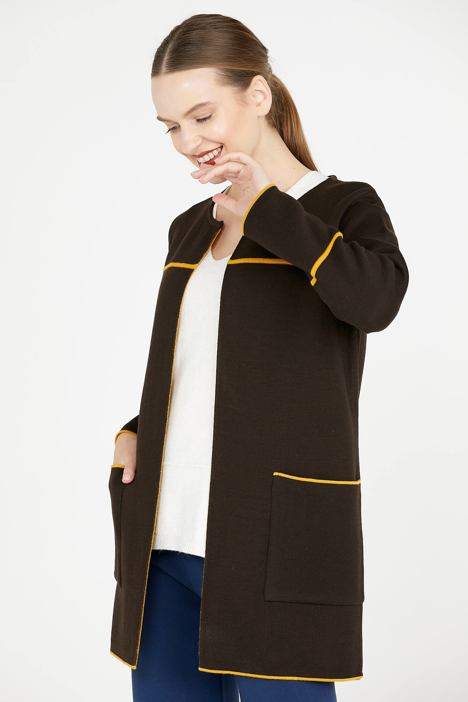 Uzun Triko Ceket - Kahve - Hardal (2) Sementa