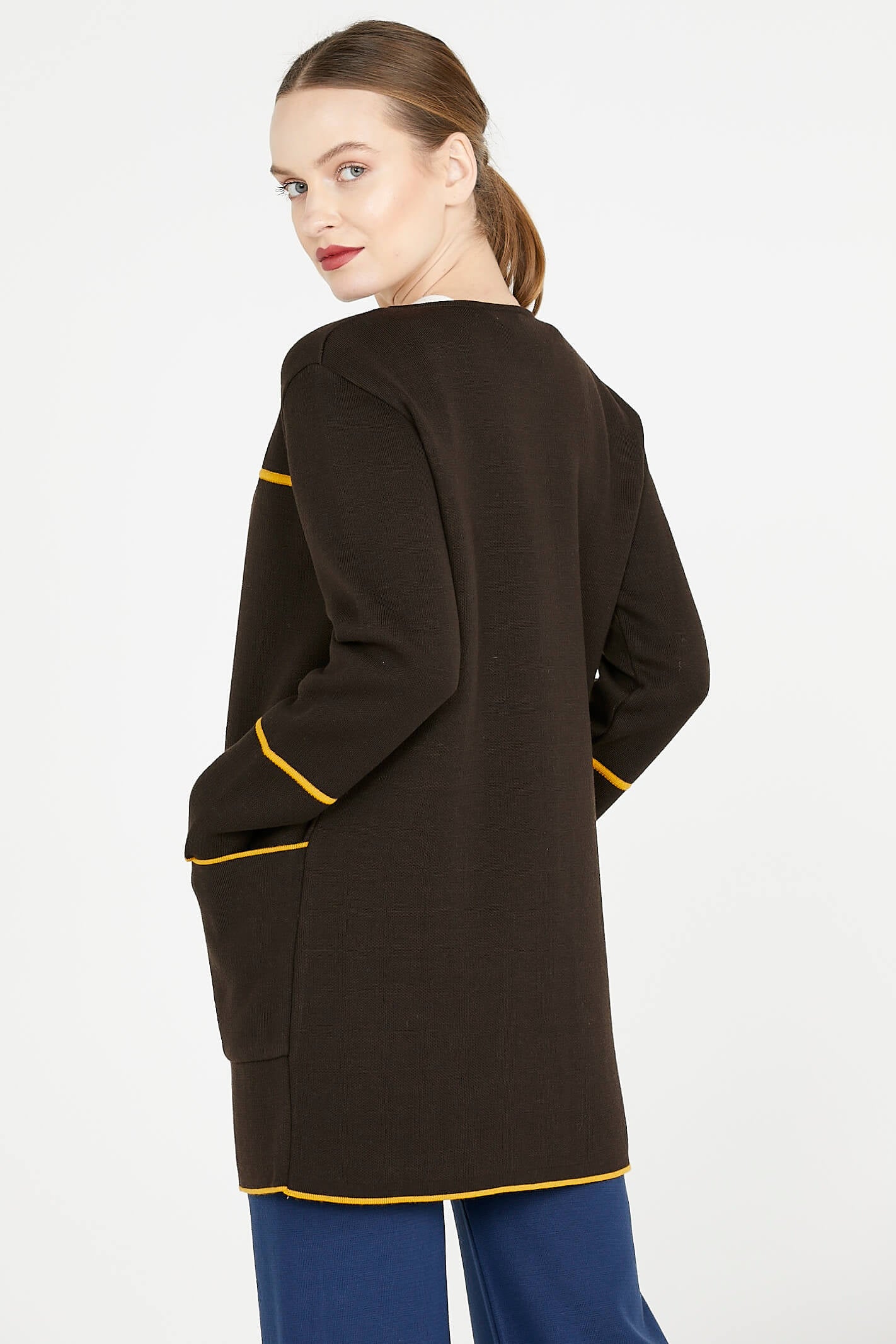 Uzun Triko Ceket - Kahve - Hardal (3) Sementa