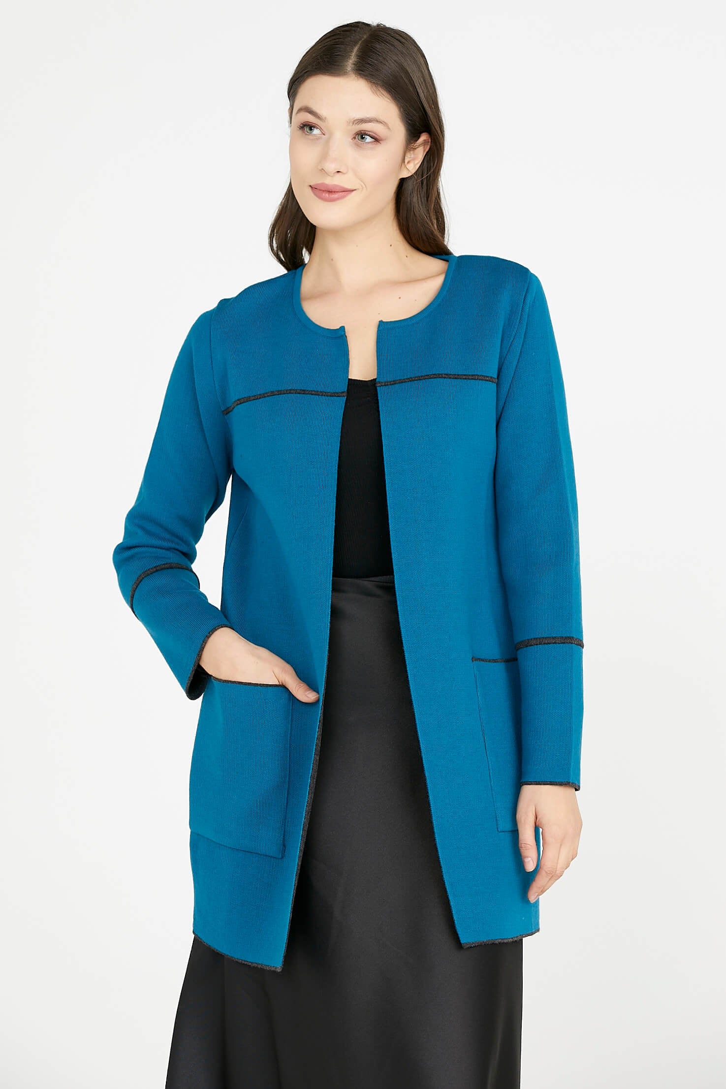 Uzun Triko Ceket - Koyu Turkuaz - Antrasit (2) Sementa
