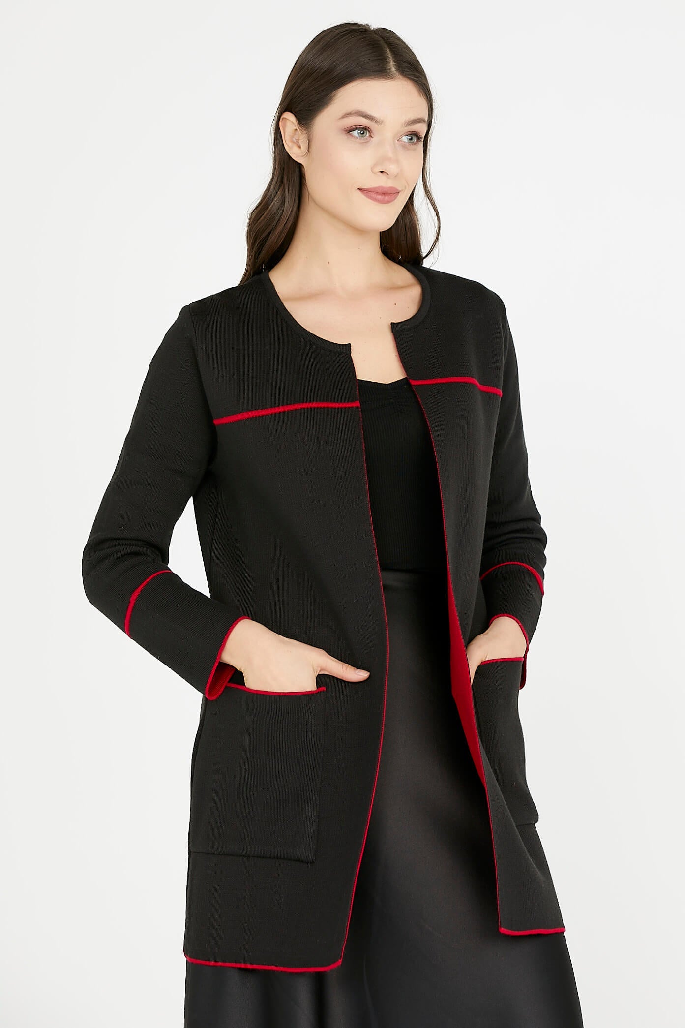 Uzun Triko Ceket - Siyah - Kırmızı (1) Sementa