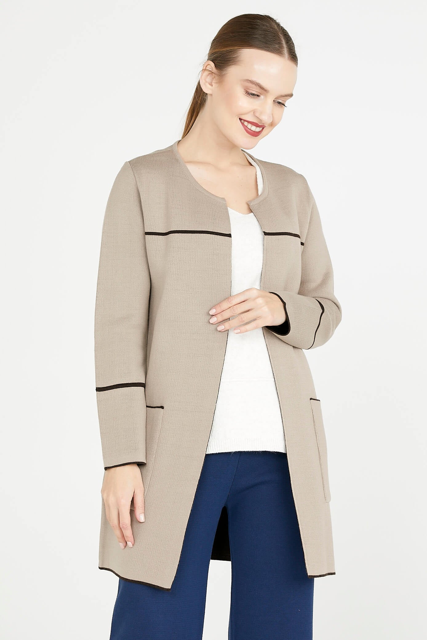 Uzun Triko Ceket - Vizon - Kahverengi (1) Sementa