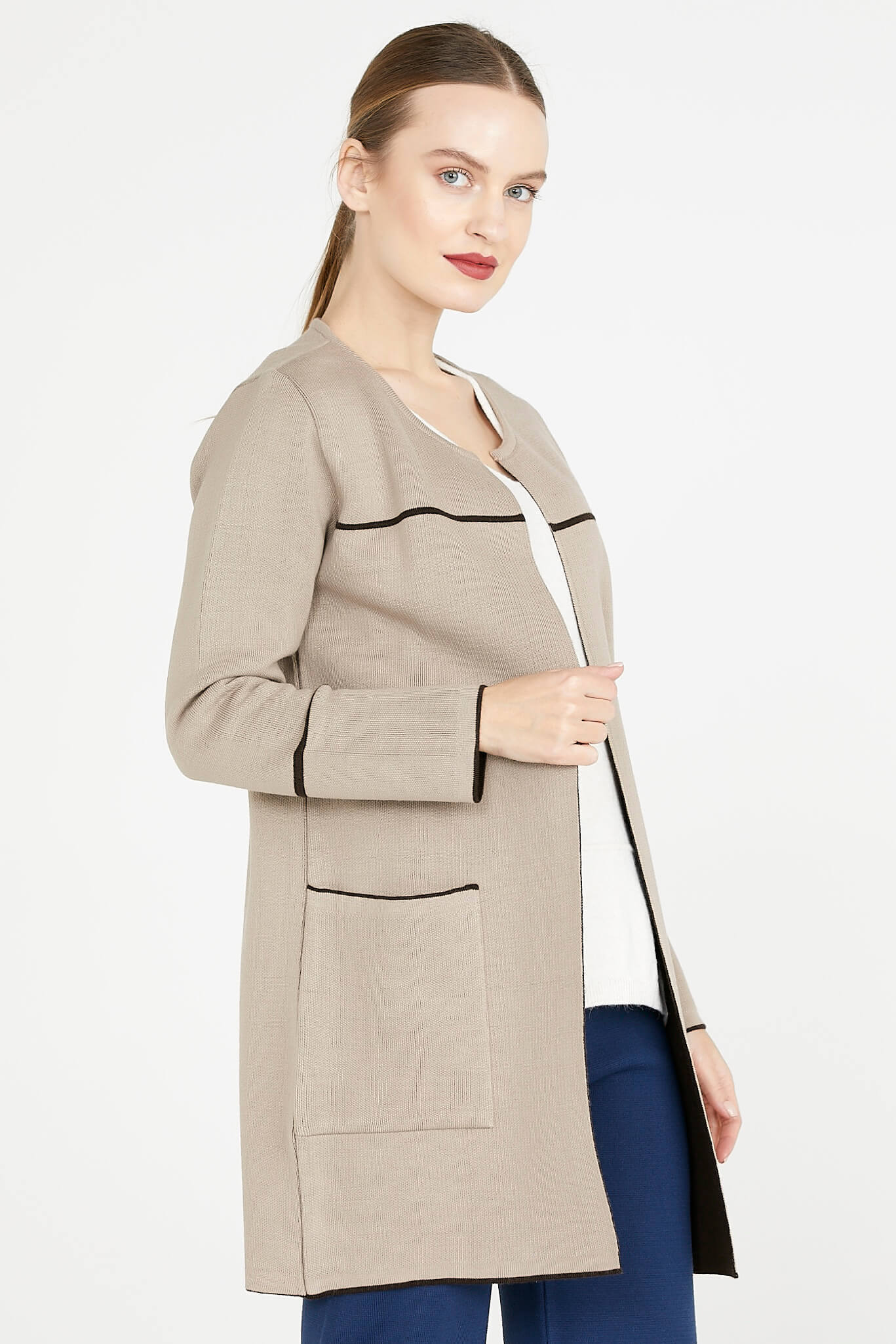 Uzun Triko Ceket - Vizon - Kahverengi (2) Sementa