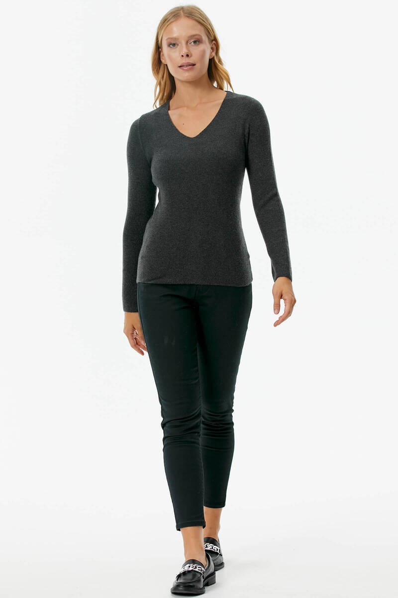 V Yaka Basic Triko Kazak - Antrasit (2) Sementa