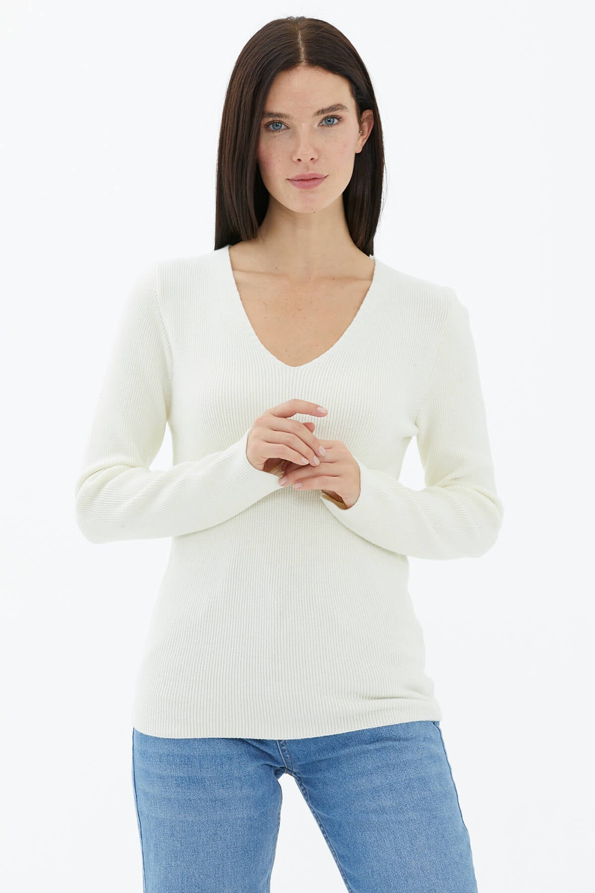 V Yaka Basic Triko Kazak - Ekru (1) Sementa