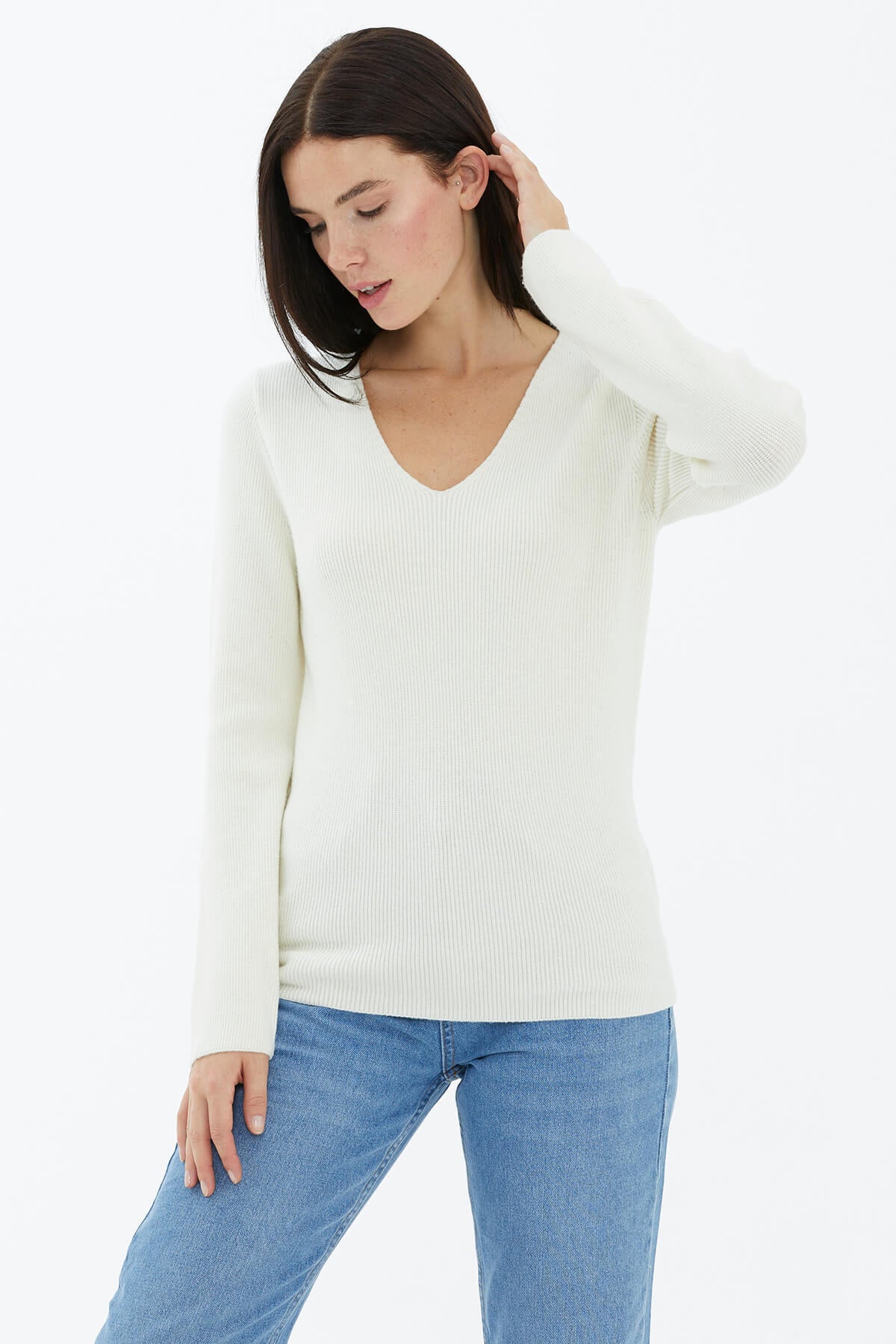 V Yaka Basic Triko Kazak - Ekru (2) Sementa