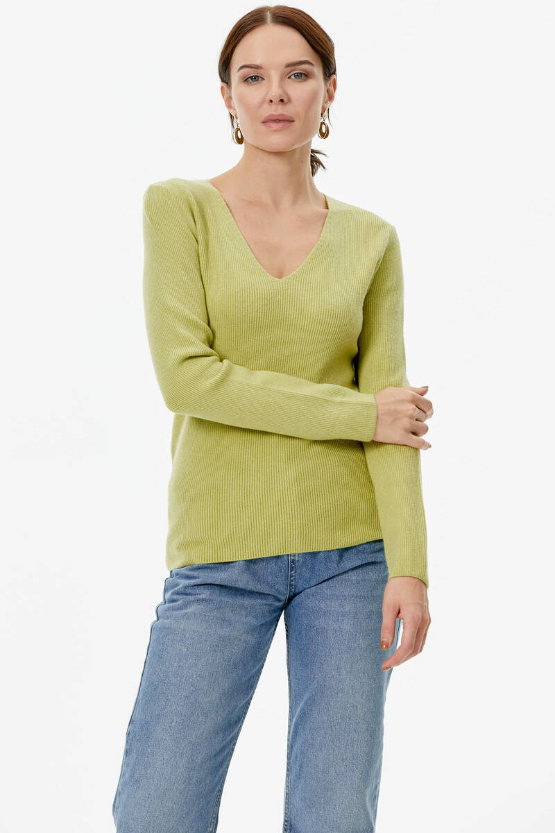 V Yaka Basic Triko Kazak - Fıstık Yeşili (1) Sementa