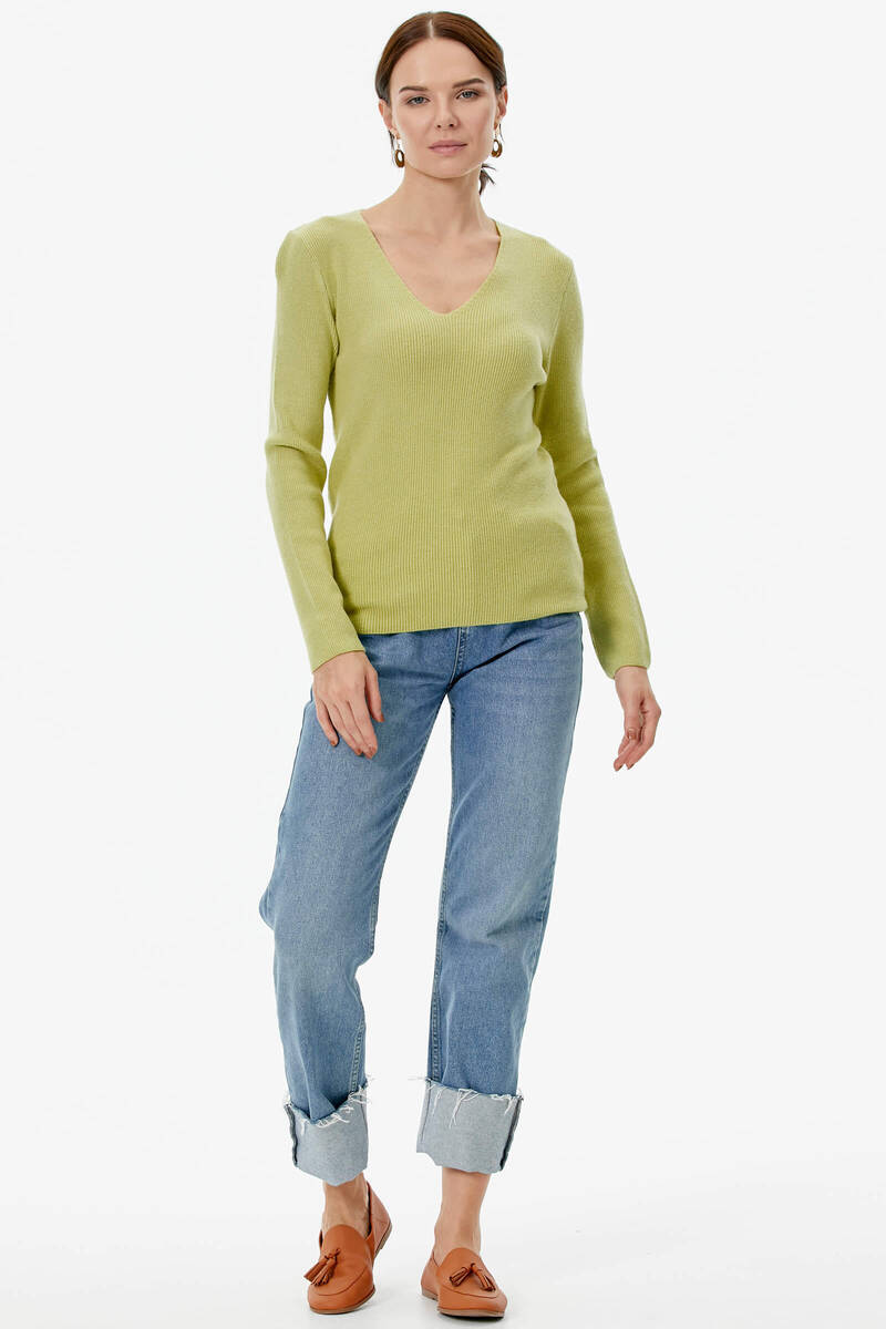 V Yaka Basic Triko Kazak - Fıstık Yeşili (2) Sementa