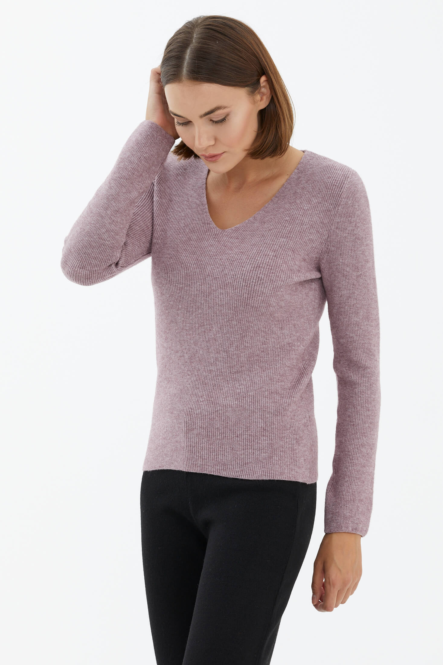 V Yaka Basic Triko Kazak - Gül (2) Sementa