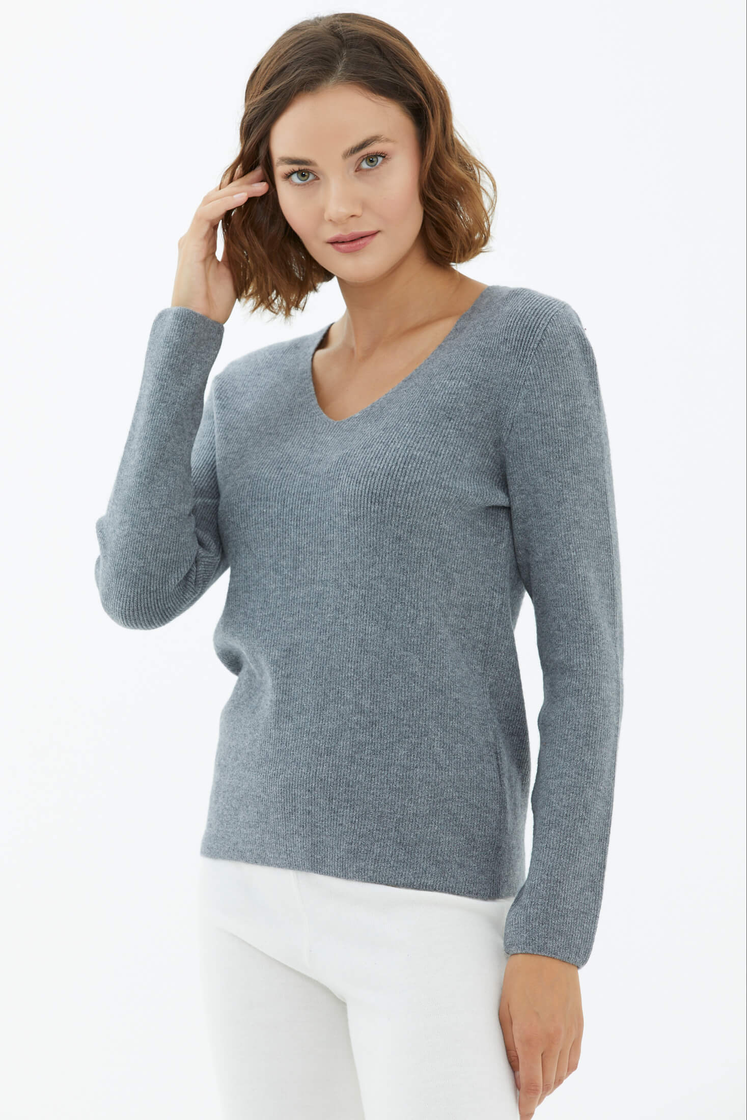 V Yaka Basic Triko Kazak - Koyu Gri (2) Sementa