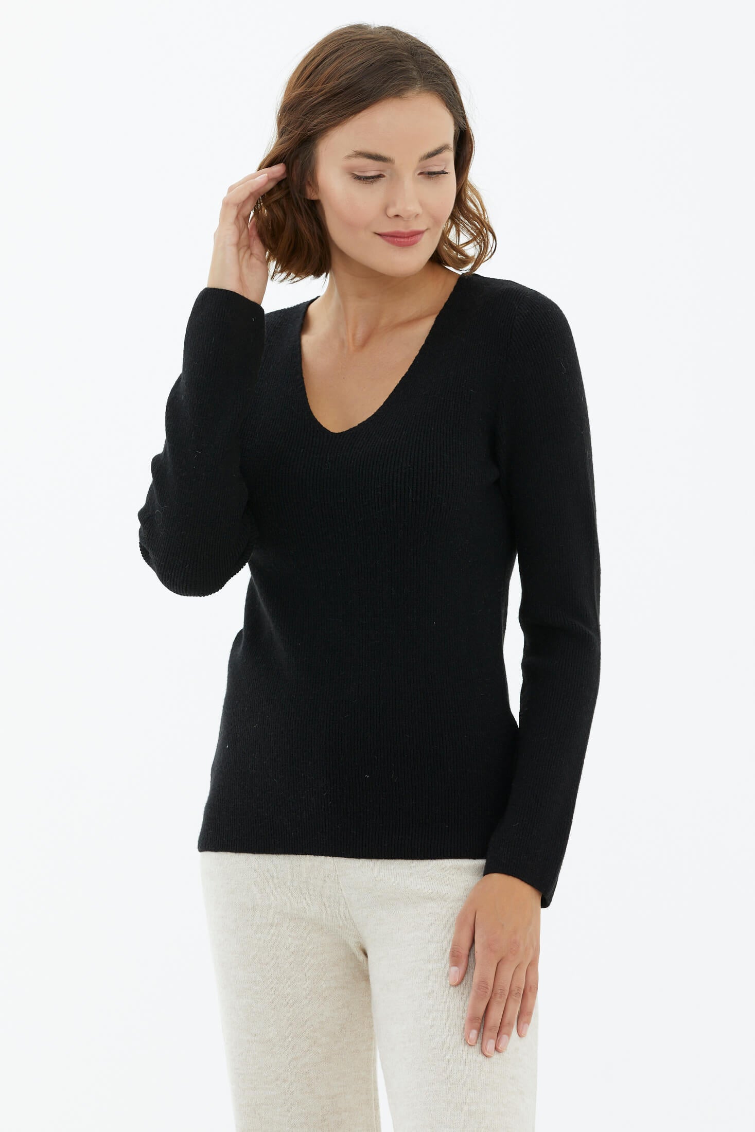 V Yaka Basic Triko Kazak - Siyah (2) Sementa