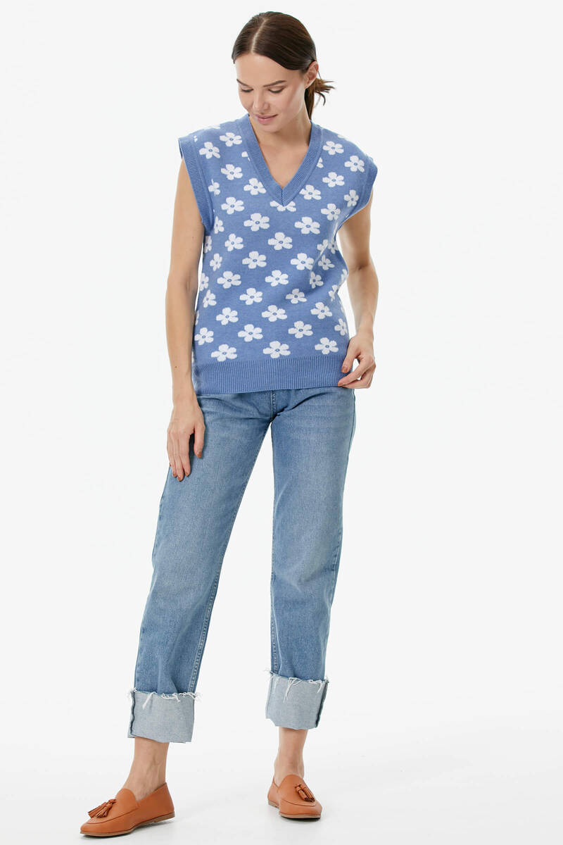 V Yaka Çiçek Motifli Triko Süveter - Mavi (2) Sementa