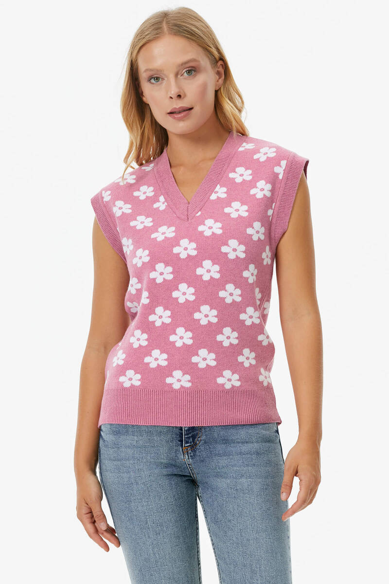 V Yaka Çiçek Motifli Triko Süveter - Pembe (1) Sementa