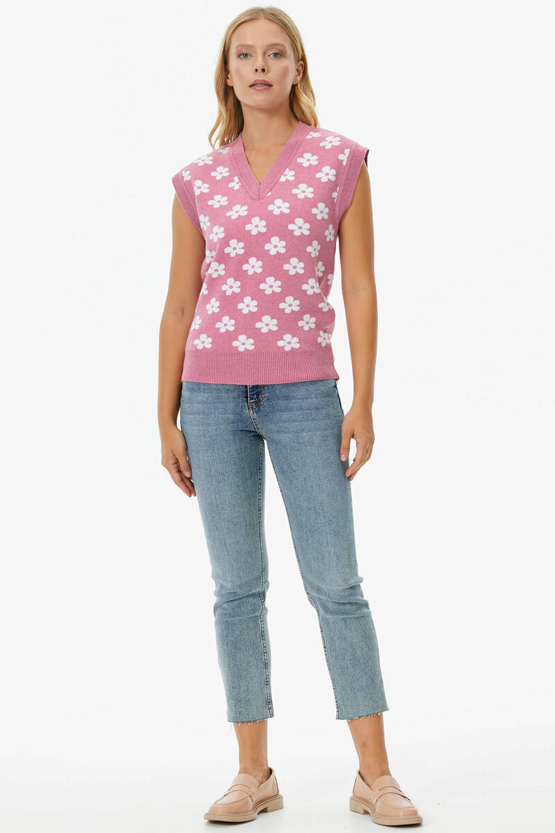 V Yaka Çiçek Motifli Triko Süveter - Pembe (2) Sementa