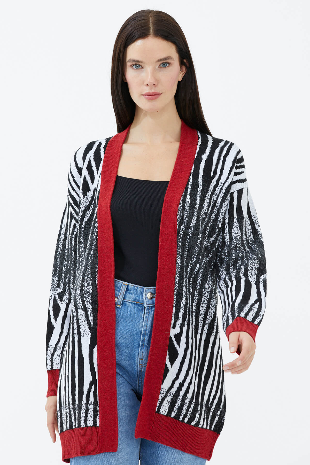 V Yaka Desenli Triko Hırka - Kırmızı (2) Sementa