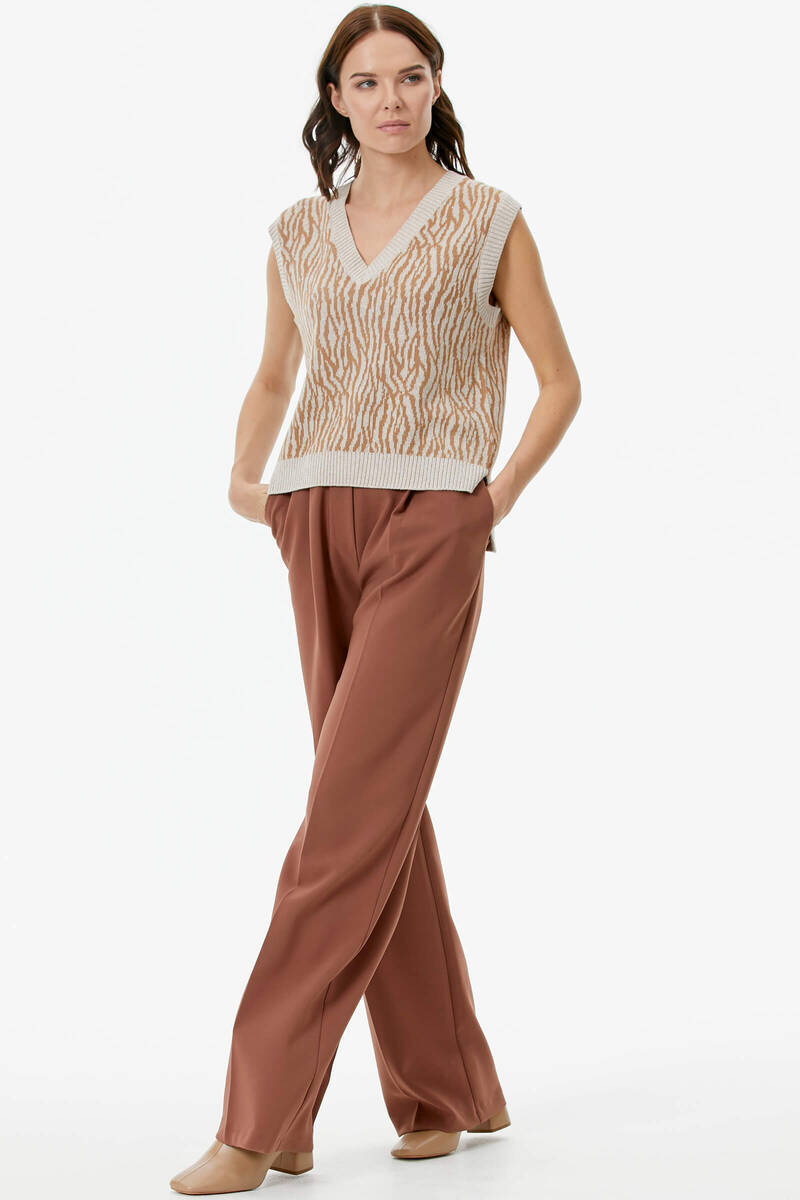 V Yaka Desenli Triko Süveter - Açık Bej (2) Sementa