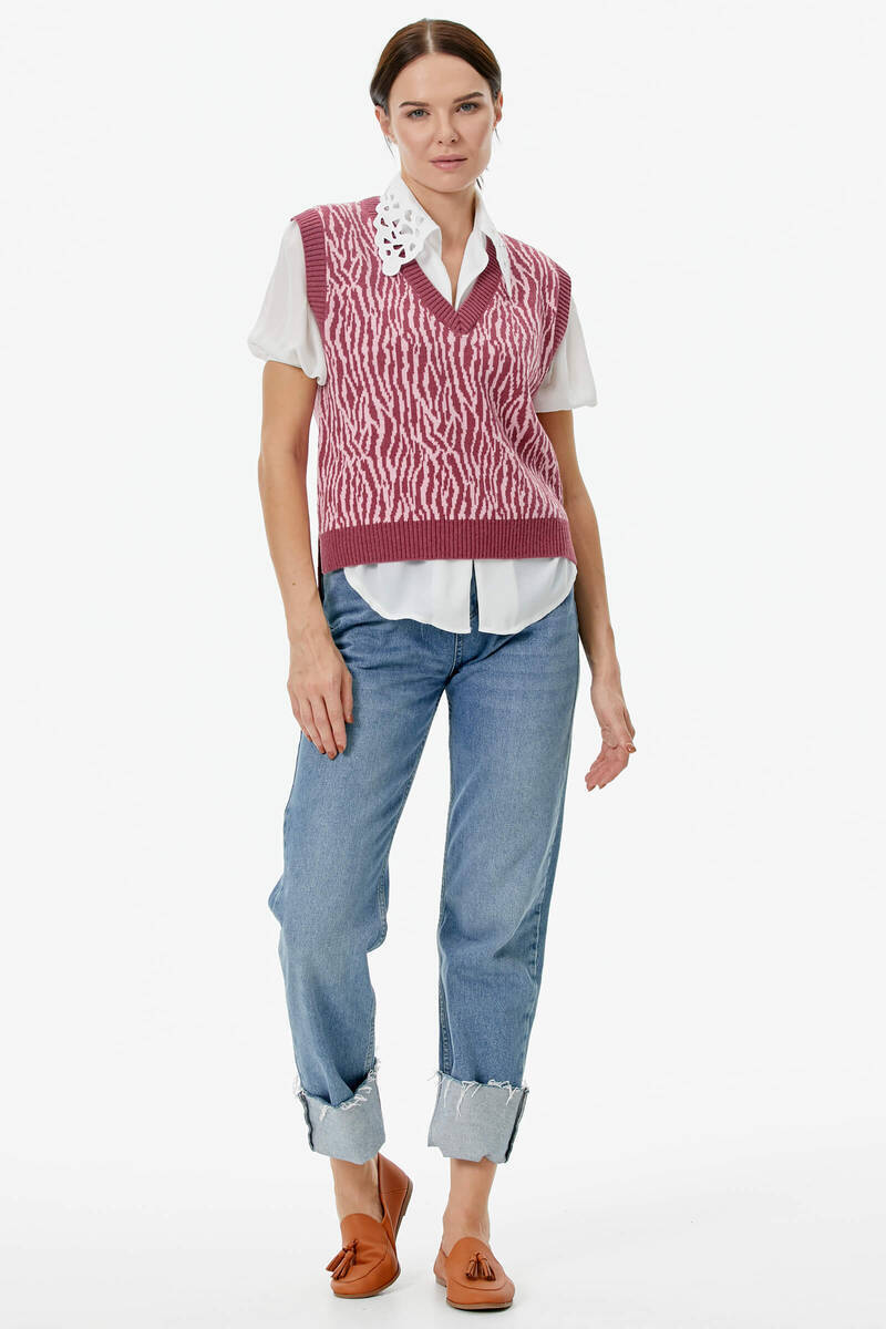 V Yaka Desenli Triko Süveter - Gül (2) Sementa