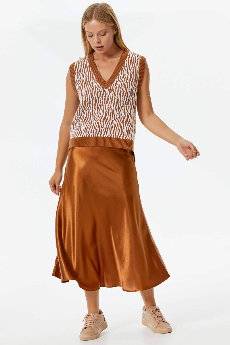 V Yaka Desenli Triko Süveter - Kiremit (2) Sementa