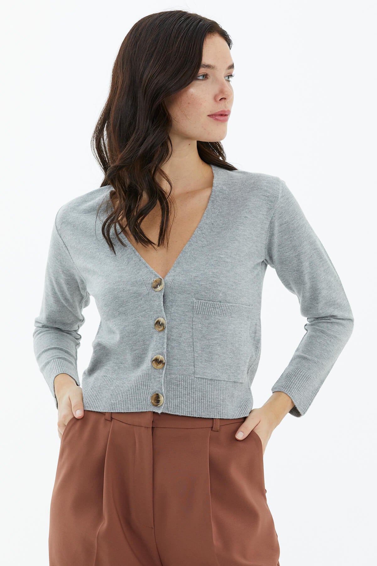 V Yaka Düğmeli Cepli Triko Hırka - Açık Gri (2) Sementa