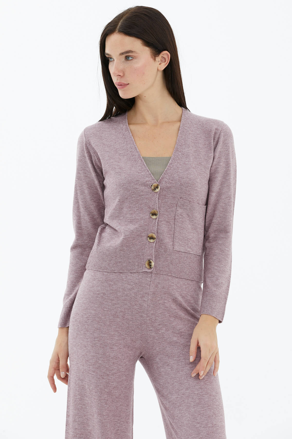 V Yaka Düğmeli Cepli Triko Hırka - Gül (2) Sementa