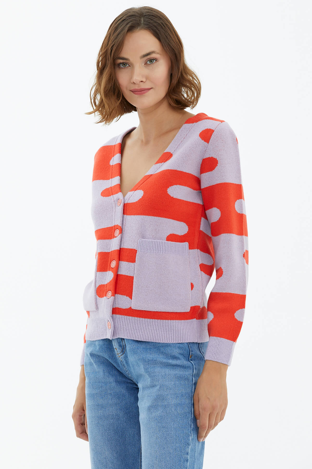 V Yaka Düğmeli Cepli Triko Hırka - Lila (2) Sementa