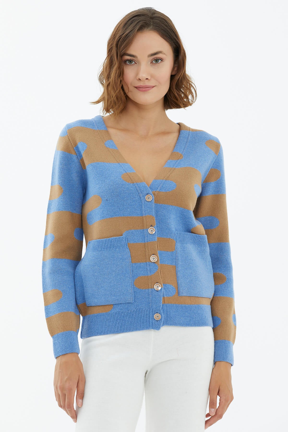 V Yaka Düğmeli Cepli Triko Hırka - Mavi (2) Sementa