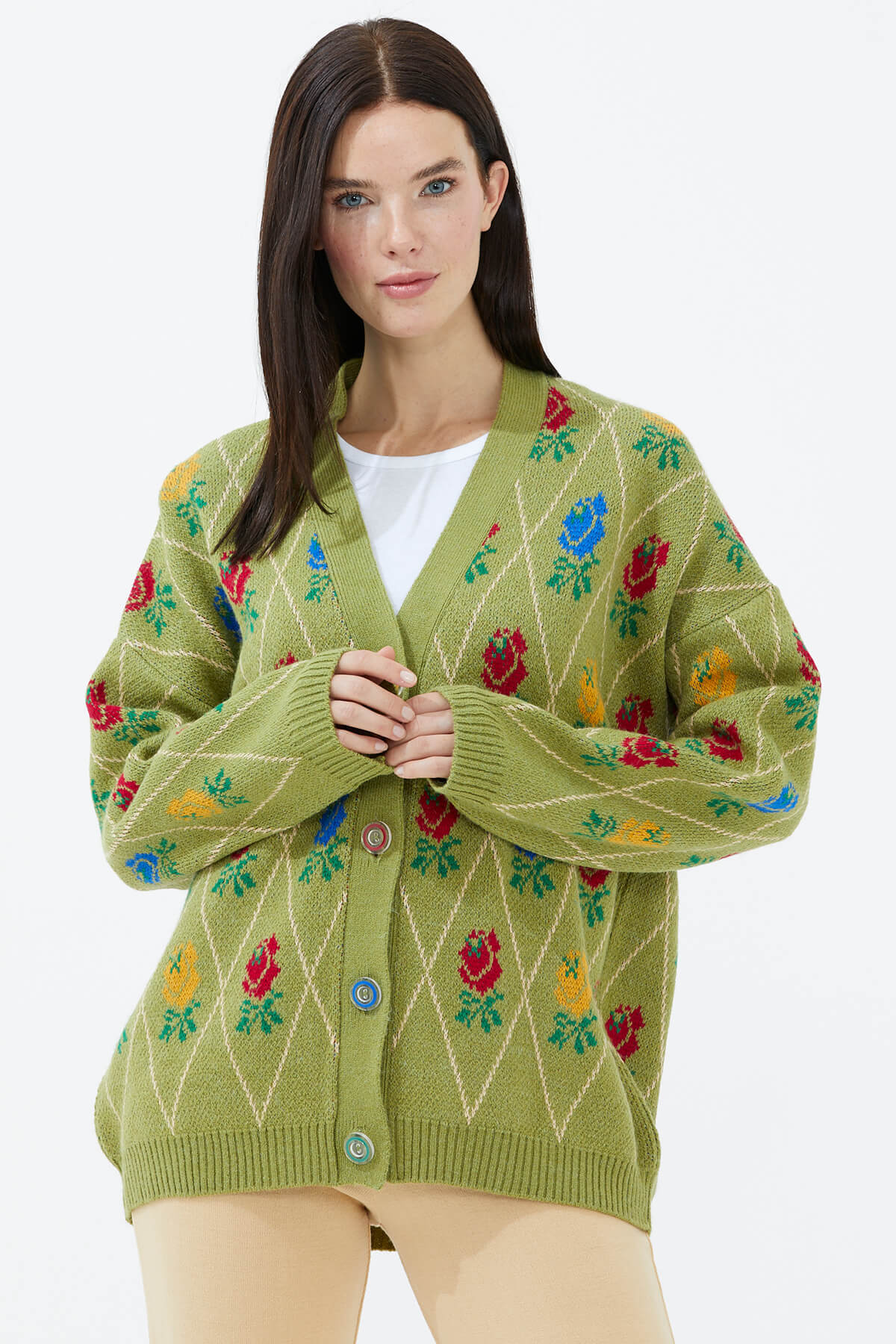 V Yaka Düğmeli Gül Desenli Triko Hırka - Yeşil (3) Sementa