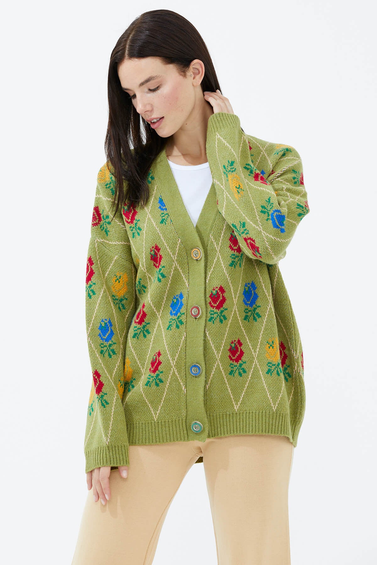 V Yaka Düğmeli Gül Desenli Triko Hırka - Yeşil (4) Sementa