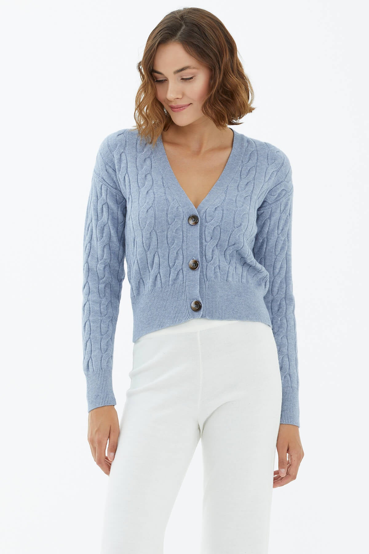V Yaka Düğmeli Saç Örgülü Triko Hırka - Mavi (2) Sementa
