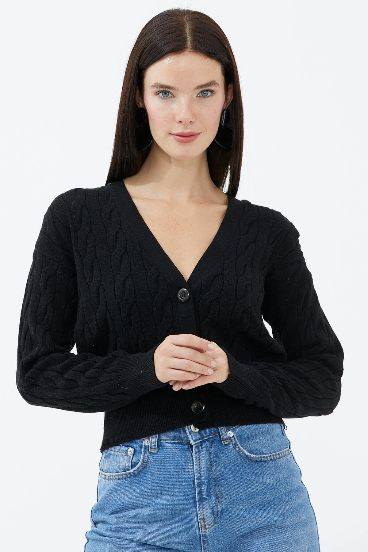 V Yaka Düğmeli Saç Örgülü Triko Hırka - Siyah (1) Sementa