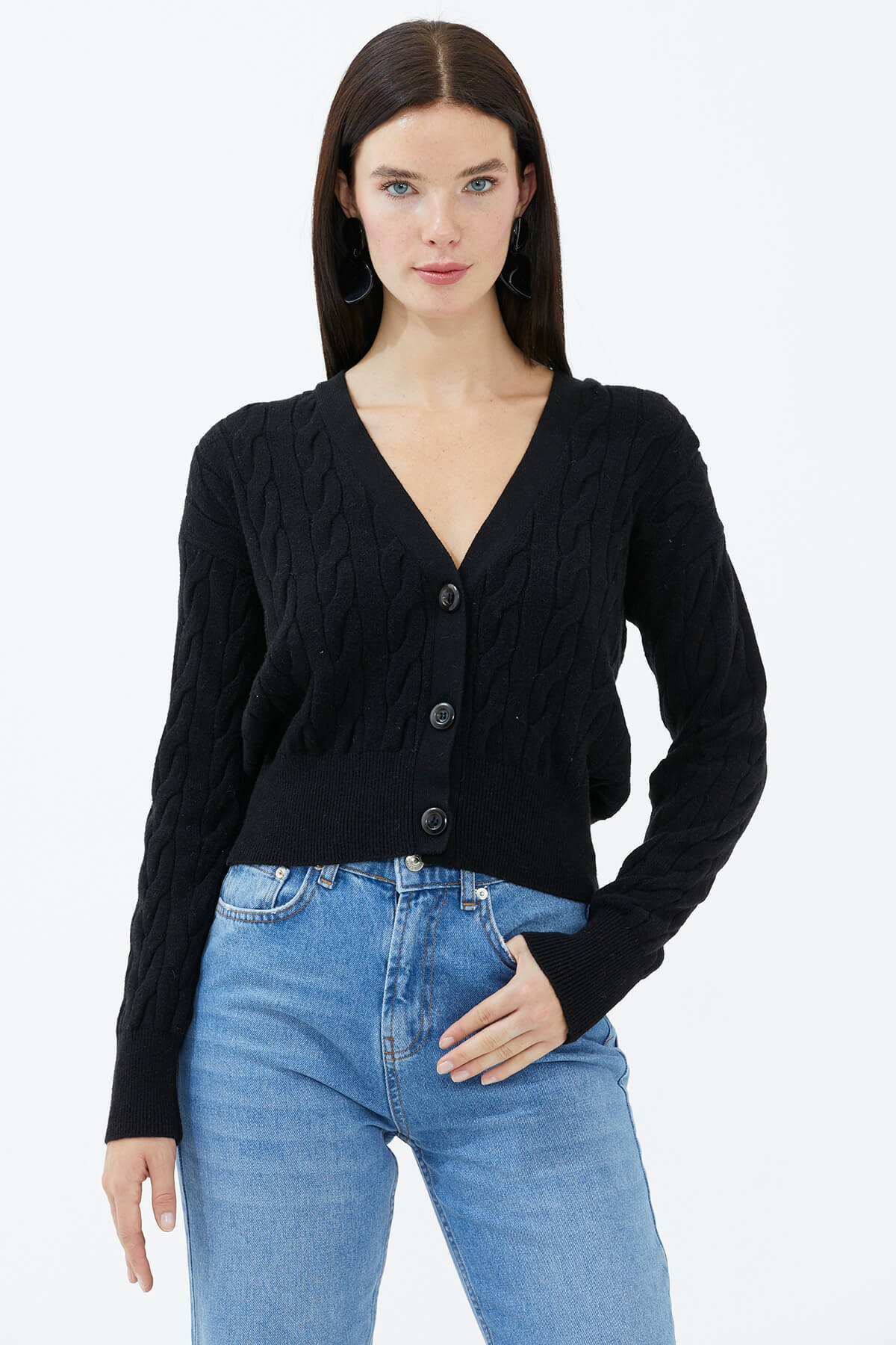V Yaka Düğmeli Saç Örgülü Triko Hırka - Siyah (2) Sementa