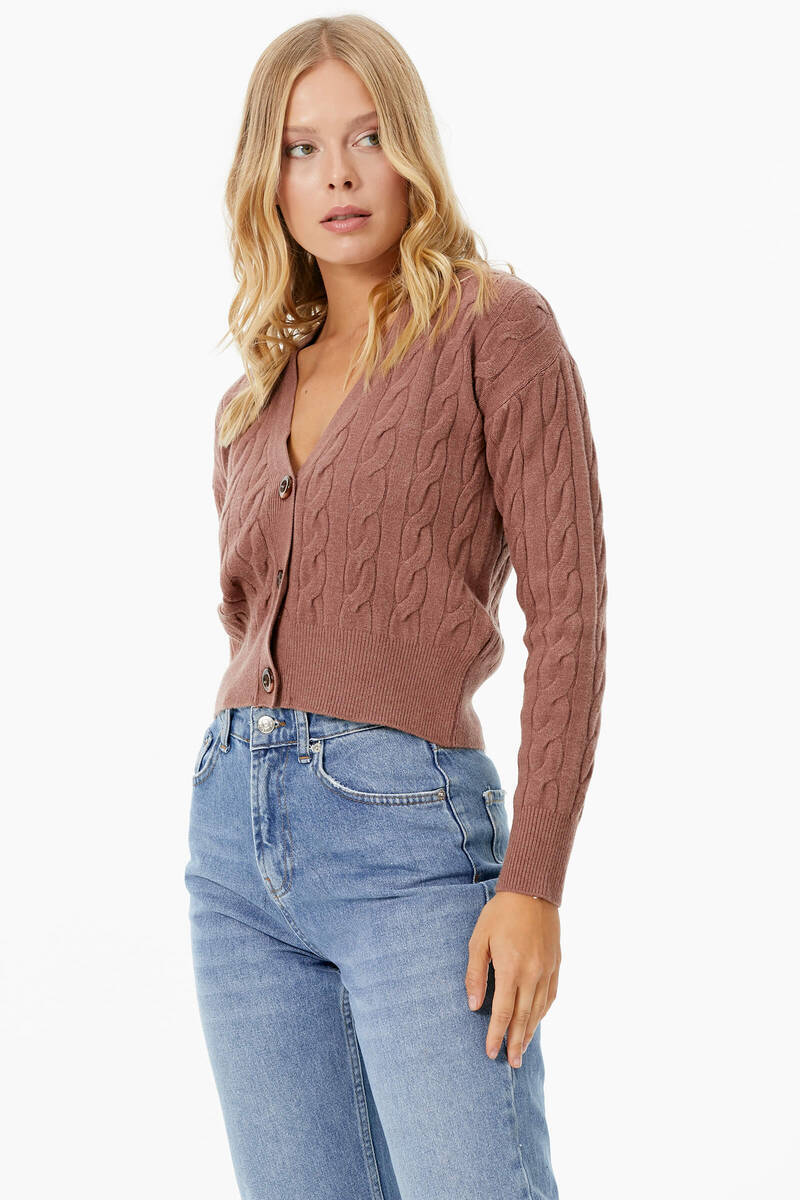 V Yaka Düğmeli Saç Örgülü Triko Hırka - Tarçın (1) Sementa