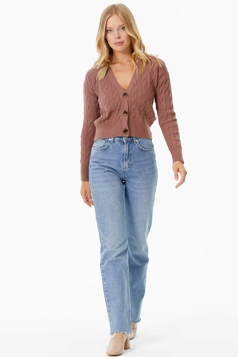 V Yaka Düğmeli Saç Örgülü Triko Hırka - Tarçın (2) Sementa