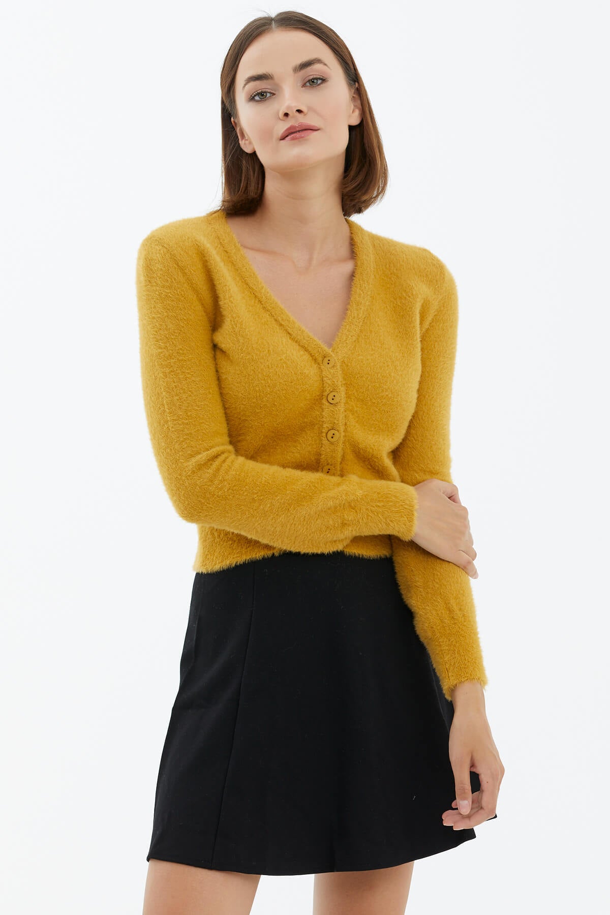 V Yaka Düğmeli Triko Hırka - Hardal (2) Sementa