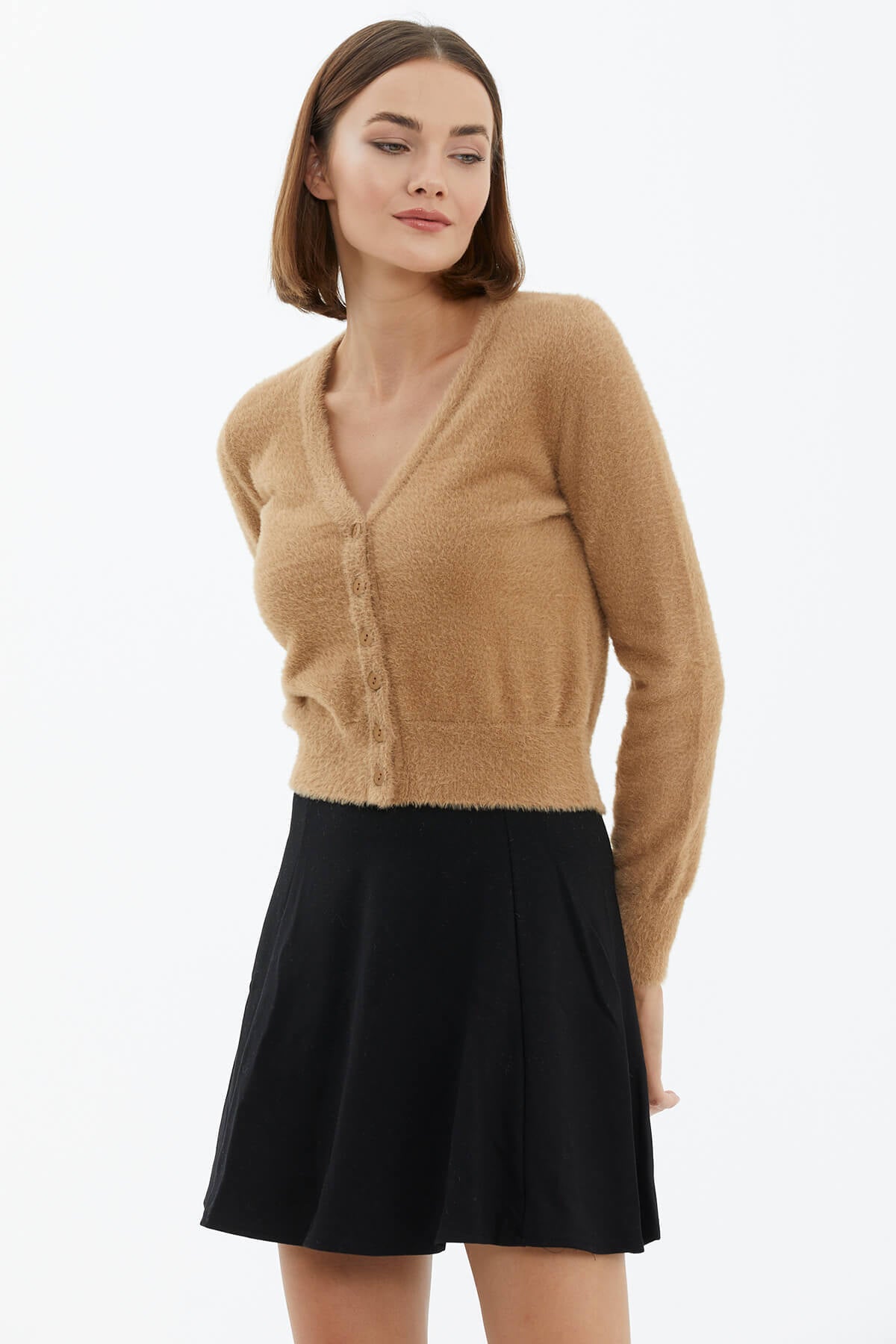 V Yaka Düğmeli Triko Hırka - Kamel (2) Sementa