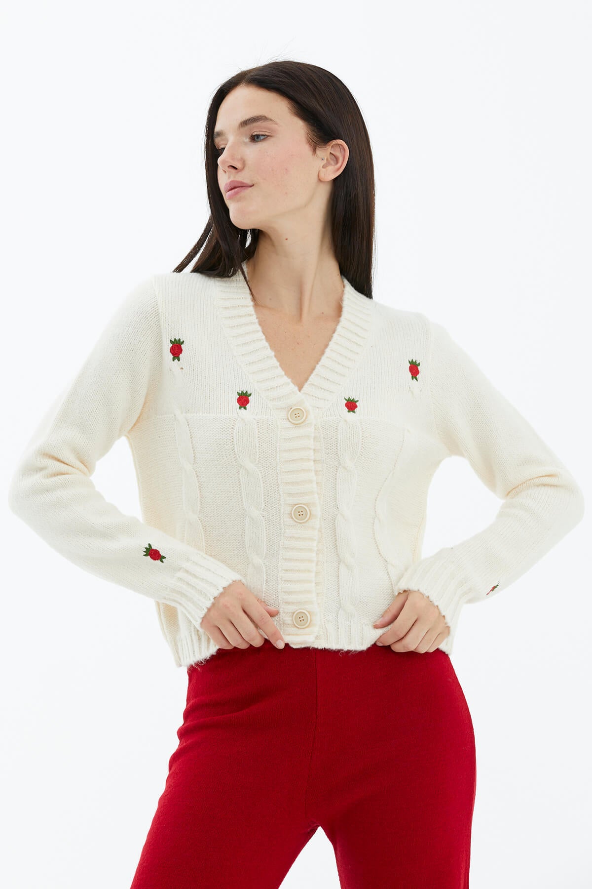 V Yaka Düğmeli Triko Hırka - Kemik (1) Sementa