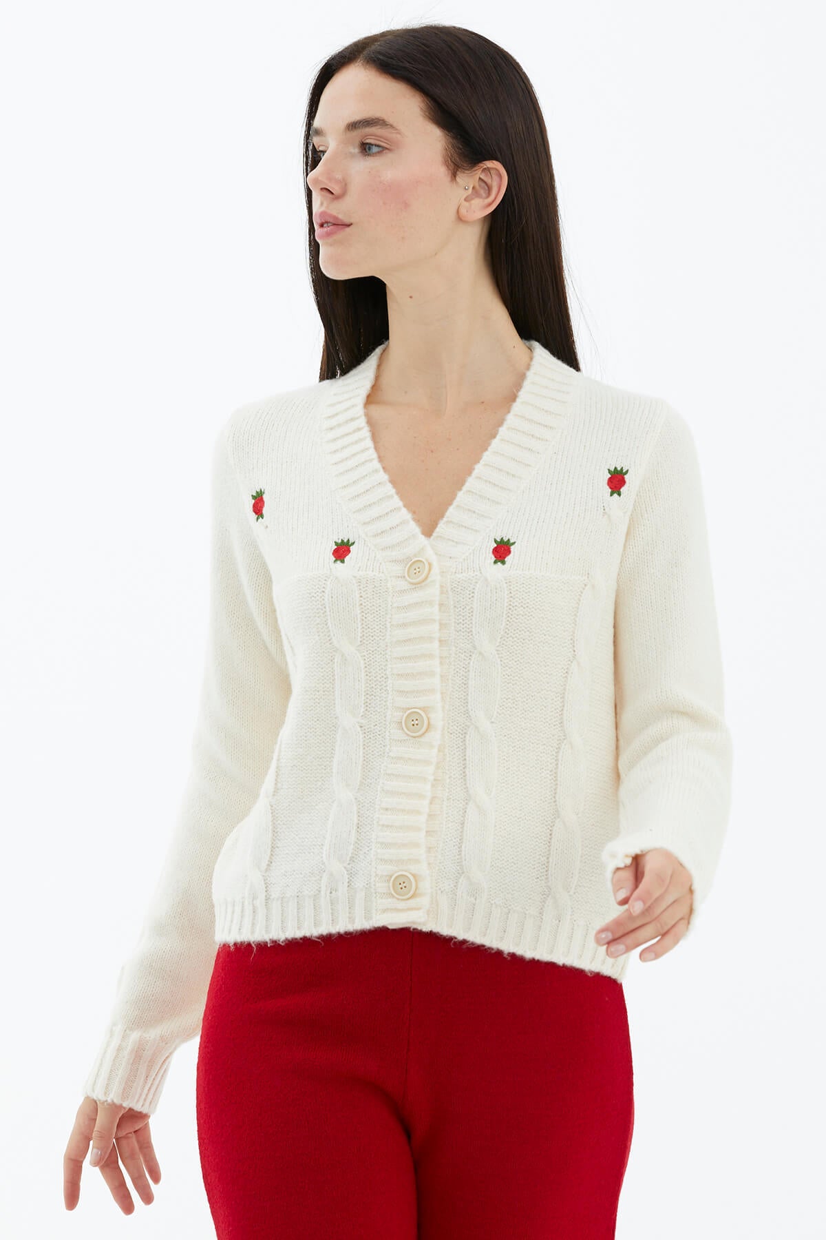 V Yaka Düğmeli Triko Hırka - Kemik (2) Sementa