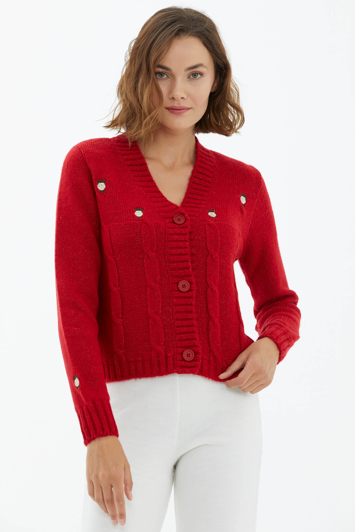 V Yaka Düğmeli Triko Hırka - Kırmızı (1) Sementa