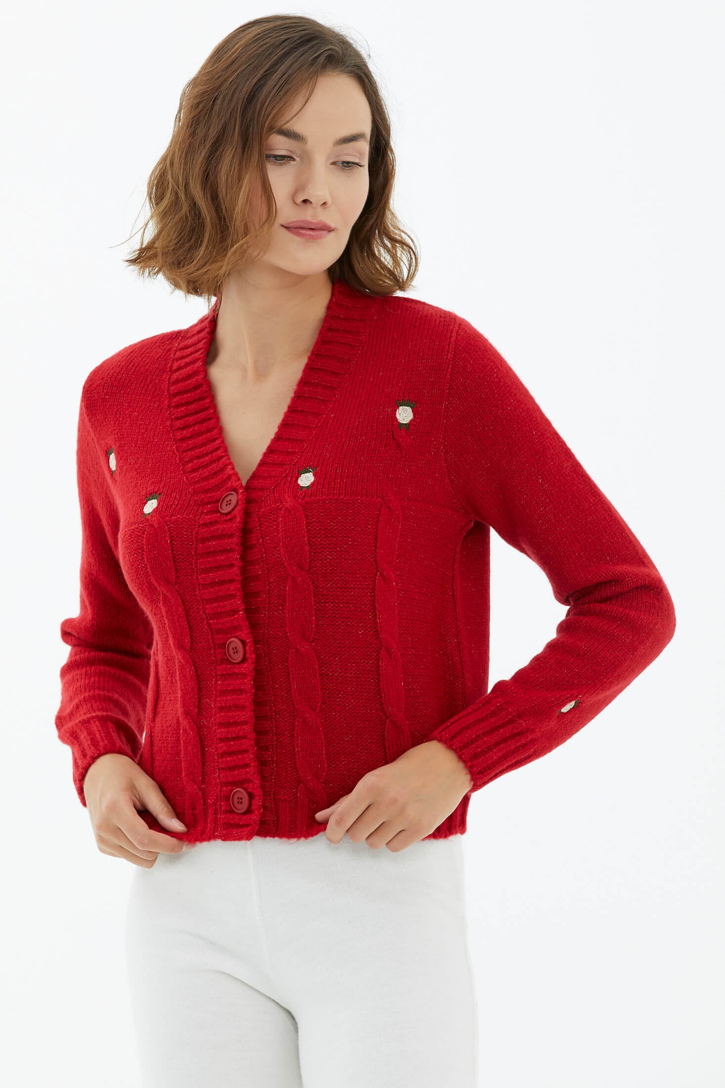 V Yaka Düğmeli Triko Hırka - Kırmızı (2) Sementa