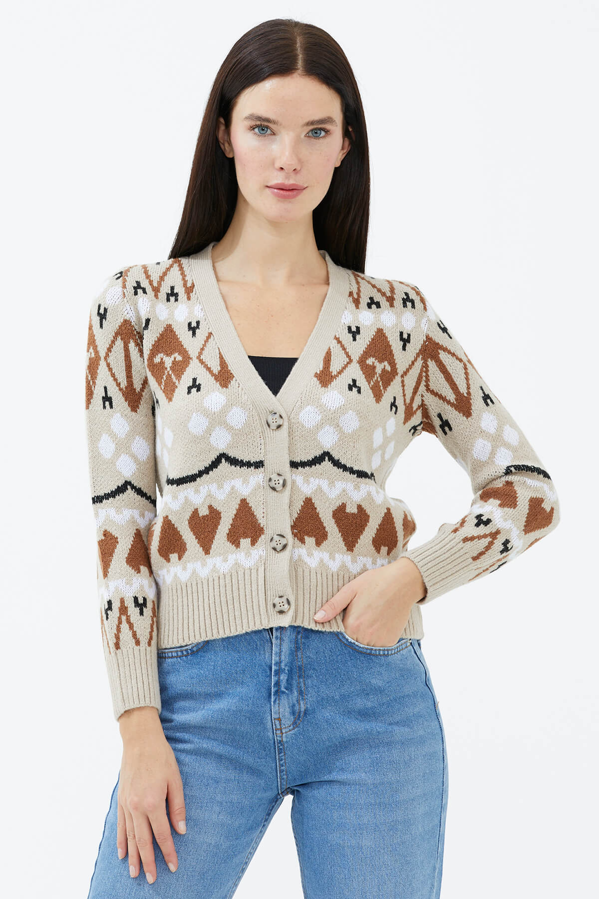 V Yaka Düğmeli Triko Hırka - Koyu Bej (2) Sementa