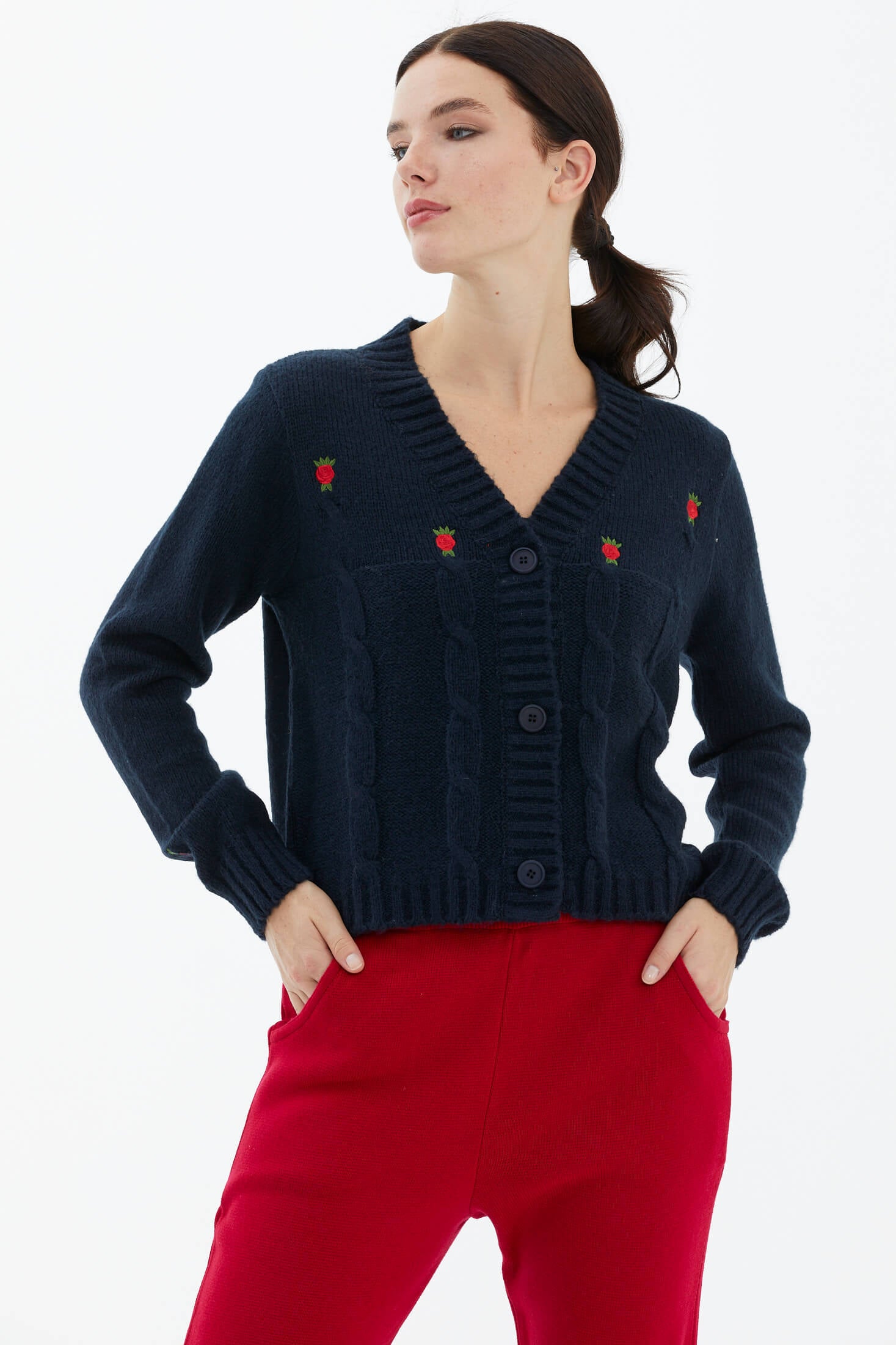 V Yaka Düğmeli Triko Hırka - Lacivert (1) Sementa