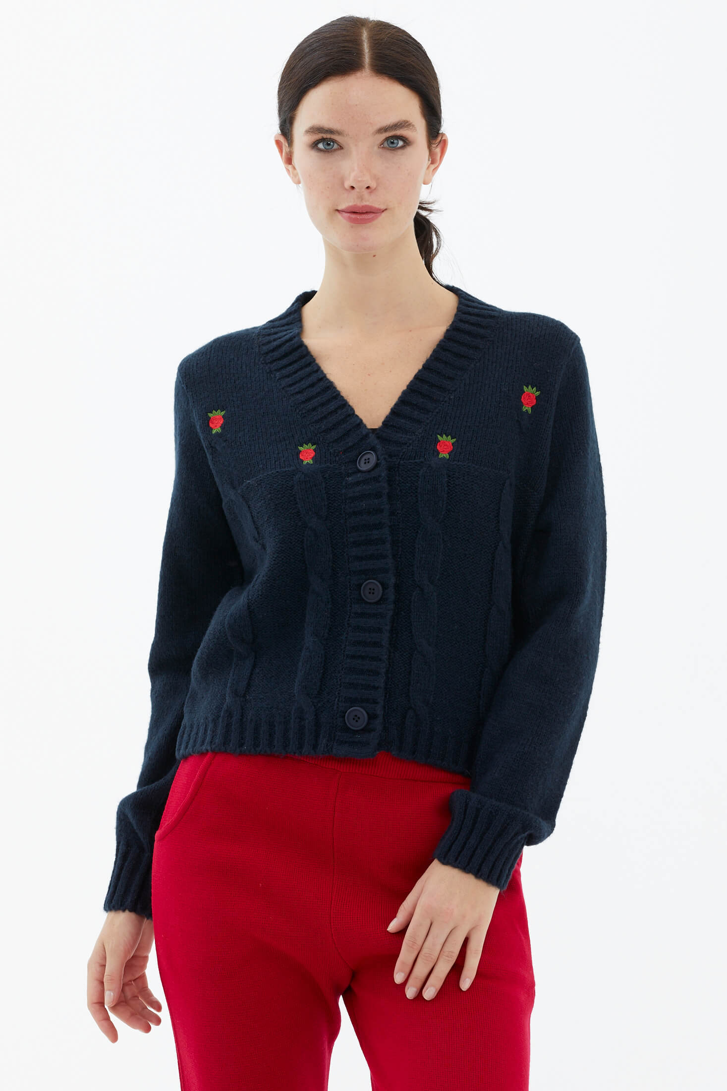 V Yaka Düğmeli Triko Hırka - Lacivert (2) Sementa