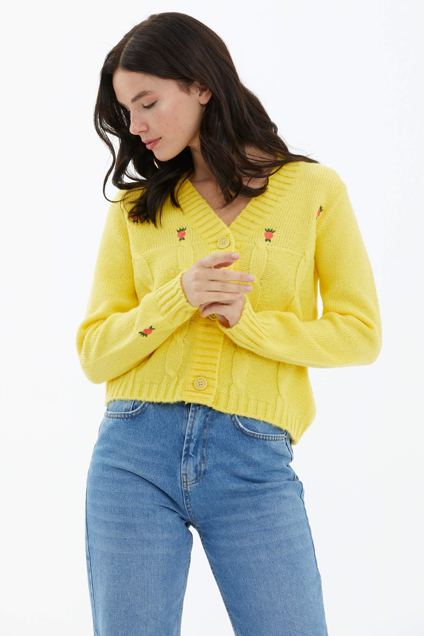 V Yaka Düğmeli Triko Hırka - Sarı (1) Sementa