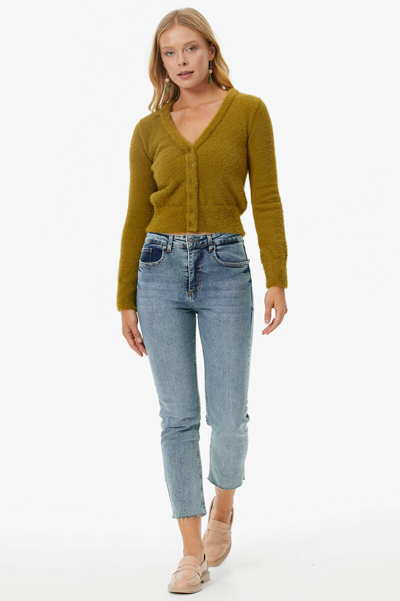 V Yaka Düğmeli Triko Hırka - Yeşil (2) Sementa