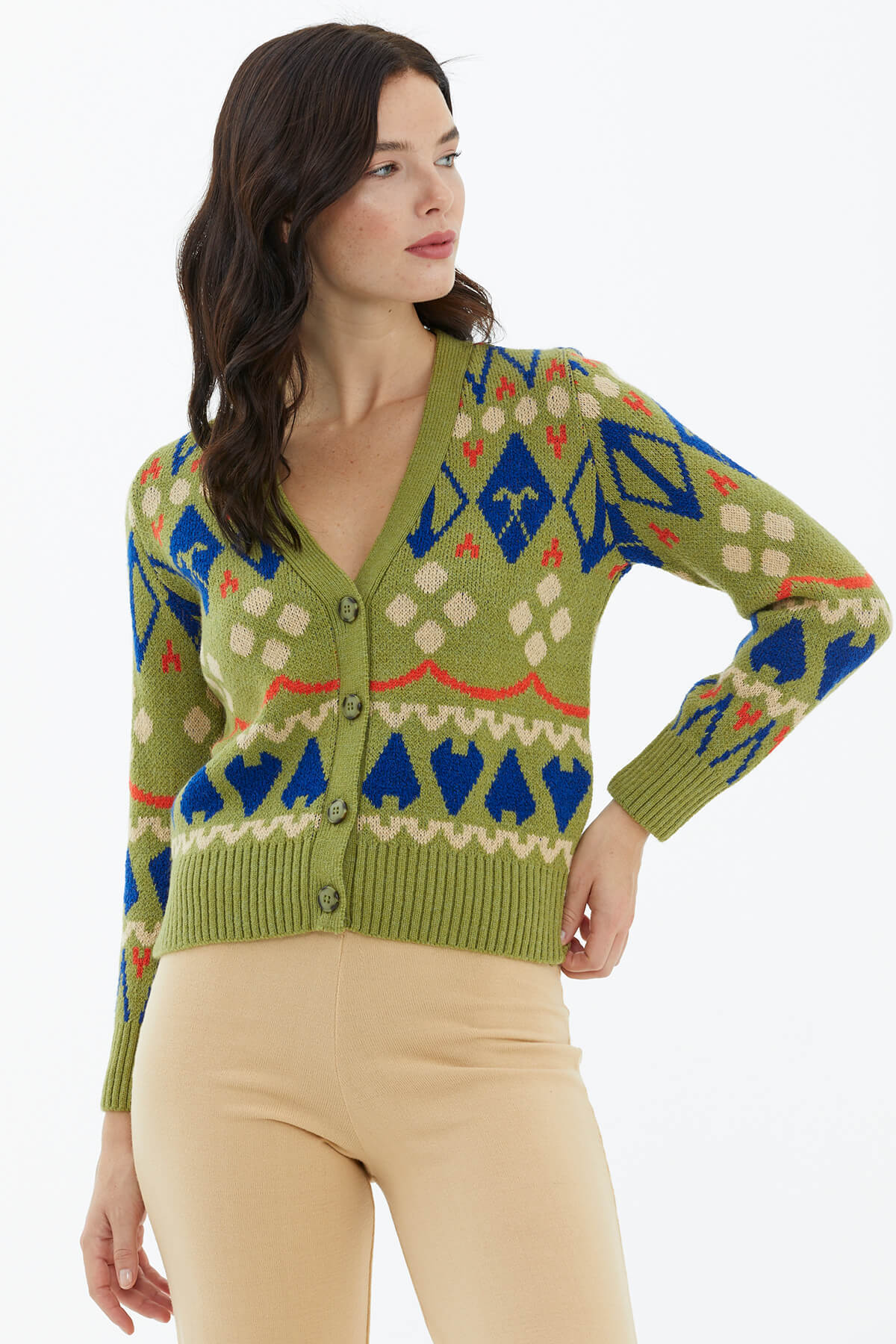 V Yaka Düğmeli Triko Hırka - Yeşil (2) Sementa