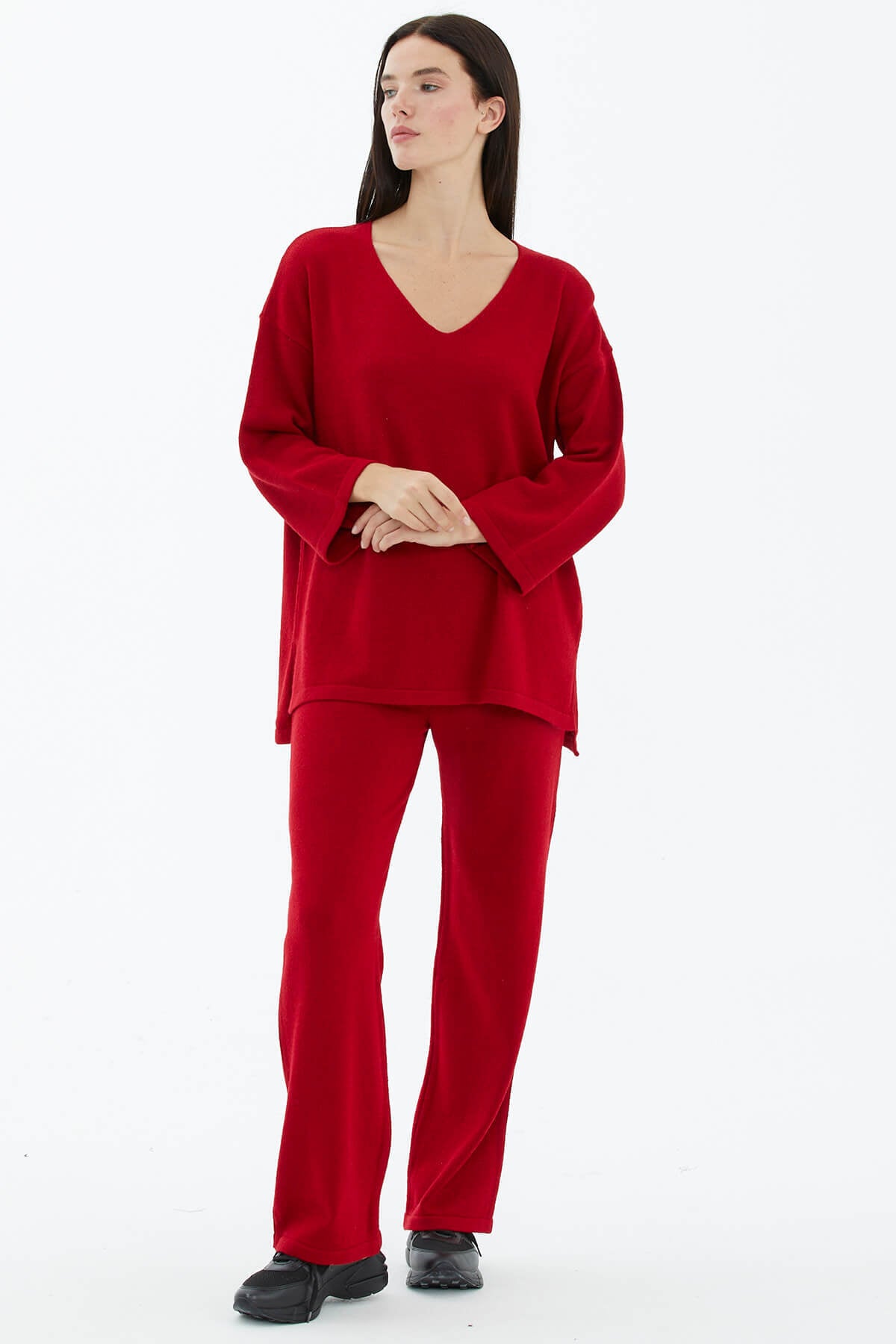 V Yaka İkili Triko Takım - Kırmızı (2) Sementa