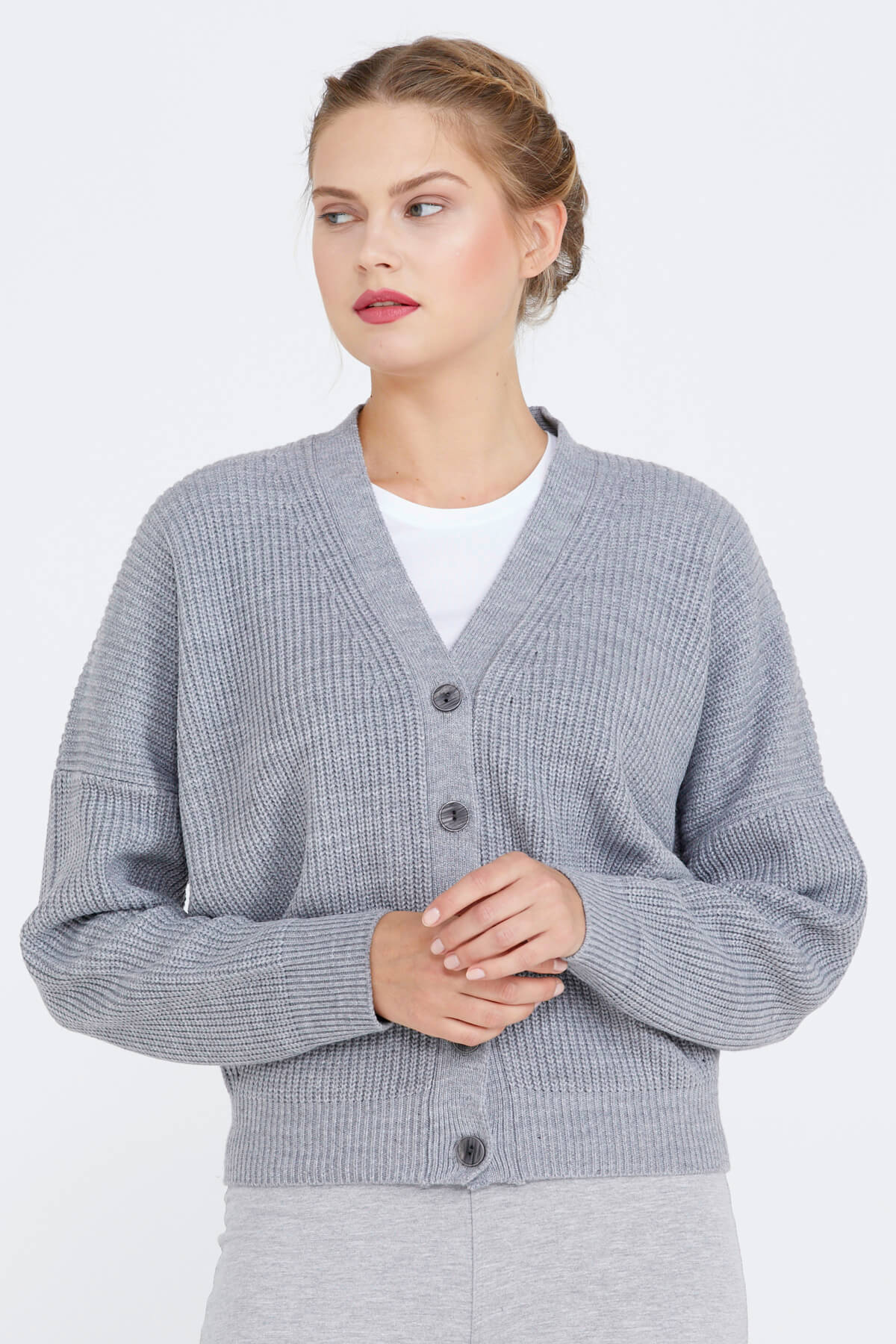 V Yaka Kadın Triko Hırka - Gri (2) Sementa