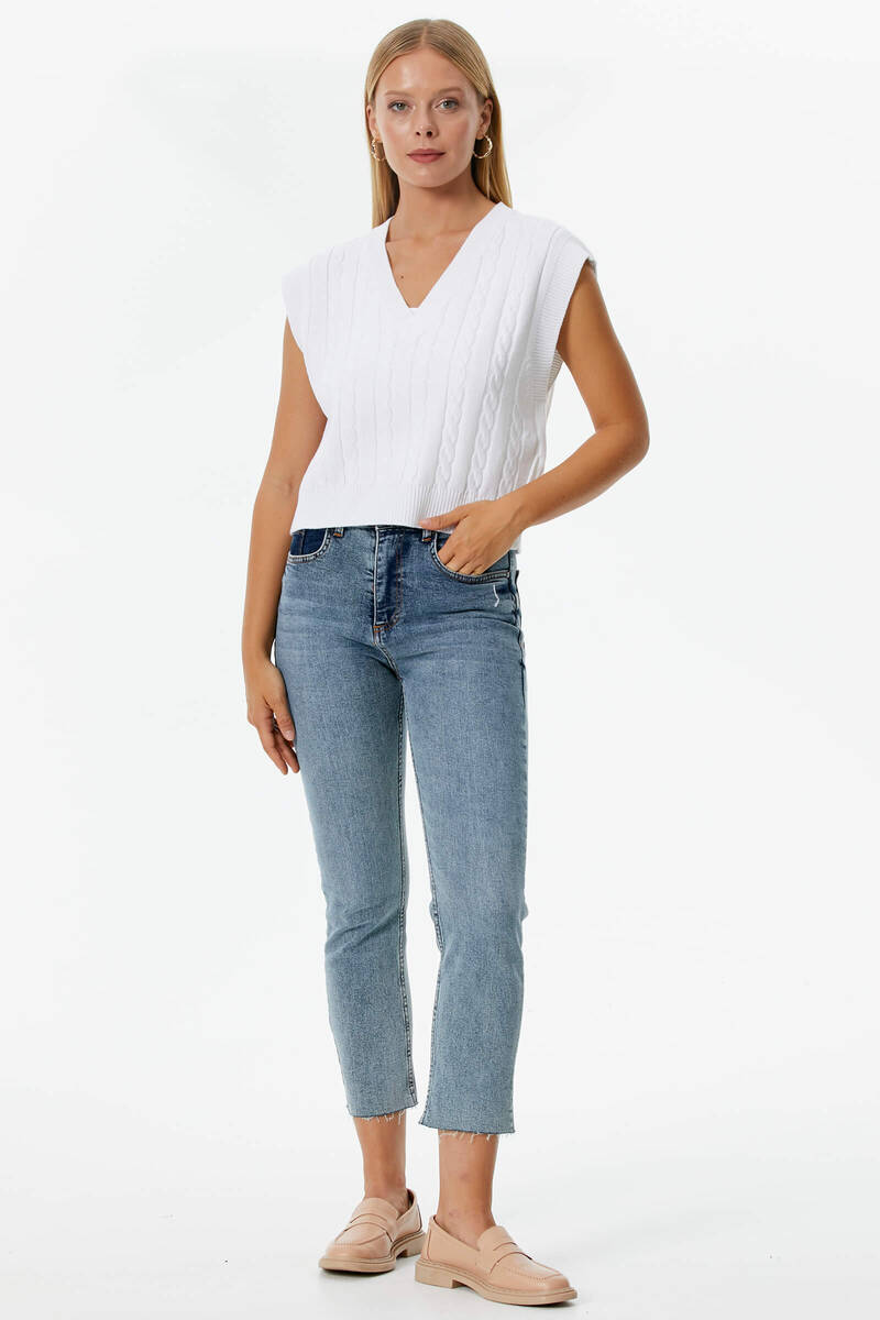 V Yaka Saç Örgülü Triko Süveter - Beyaz (1) Sementa