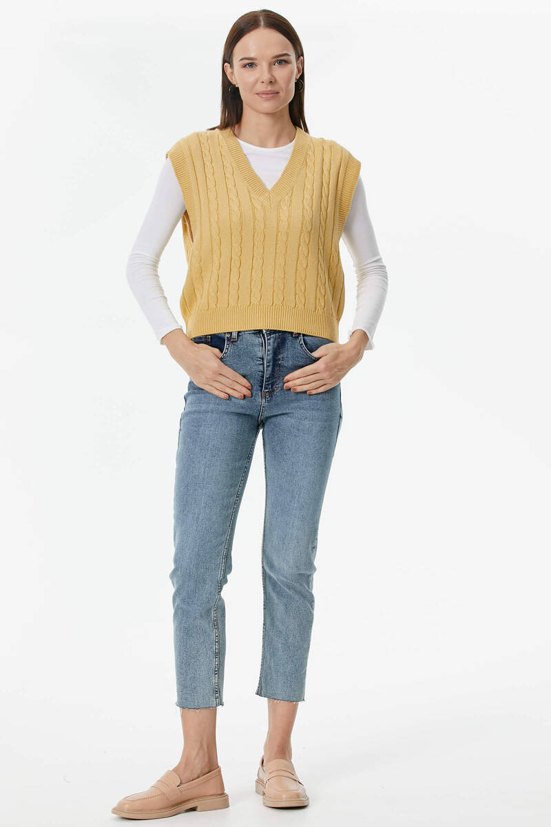 V Yaka Saç Örgülü Triko Süveter - Koyu Sarı (1) Sementa