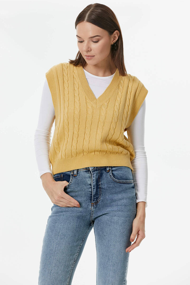 V Yaka Saç Örgülü Triko Süveter - Koyu Sarı (2) Sementa