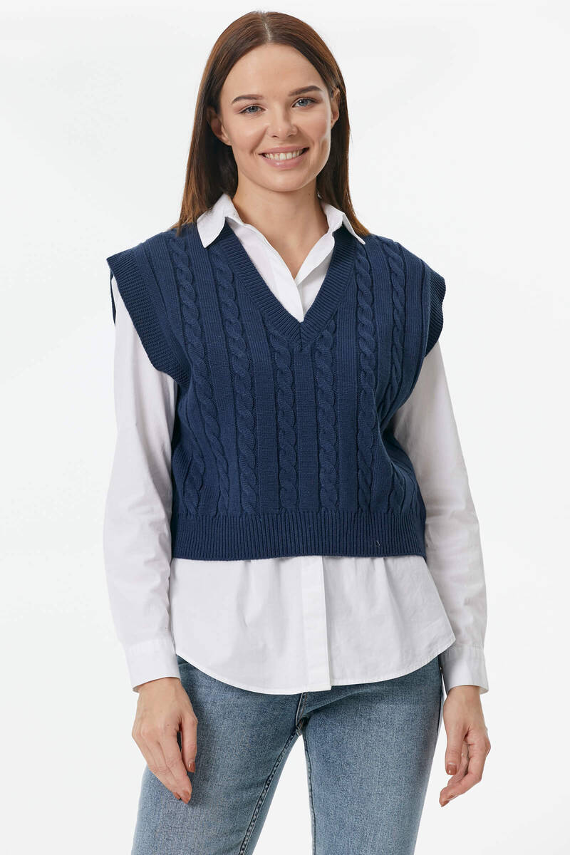 V Yaka Saç Örgülü Triko Süveter - Lacivert (1) Sementa